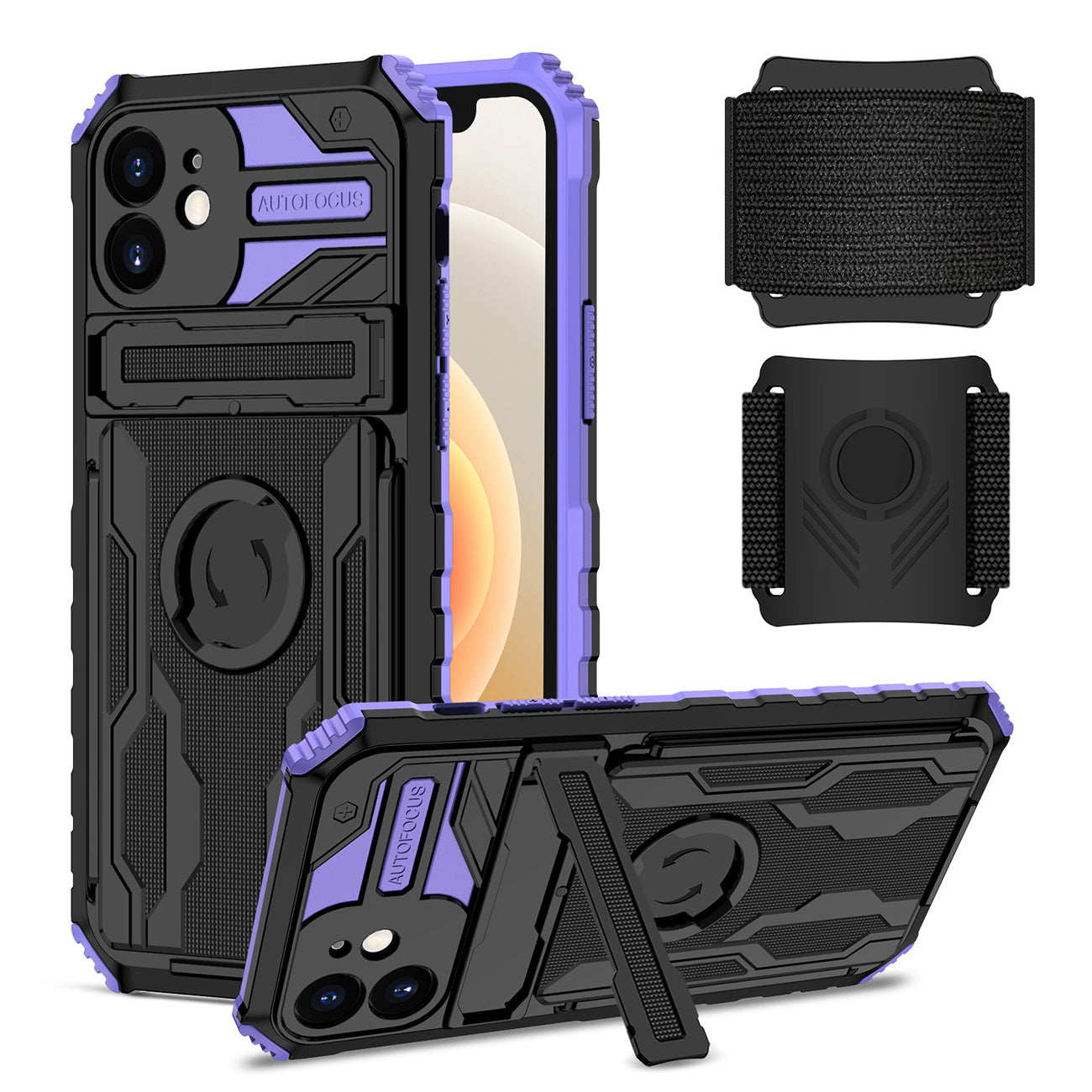High Elastic Plastic iPhone 12 Case with Kickstand, Sports Mobile Wristband and Card Slot In Purple